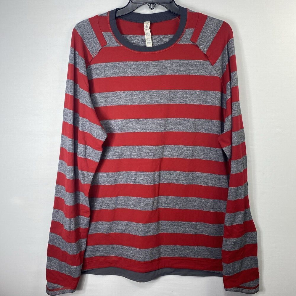 Lululemon Mens Size Large Pacific Run Long Sleeve Shirt Red Gray Striped